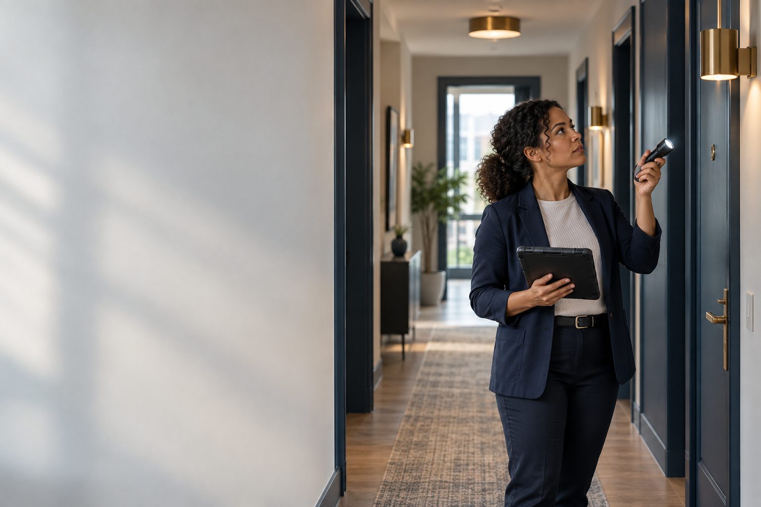An inspector in a navy suit walks an apartment hallway, holding a tablet and shining a flashlight up at a wall light.